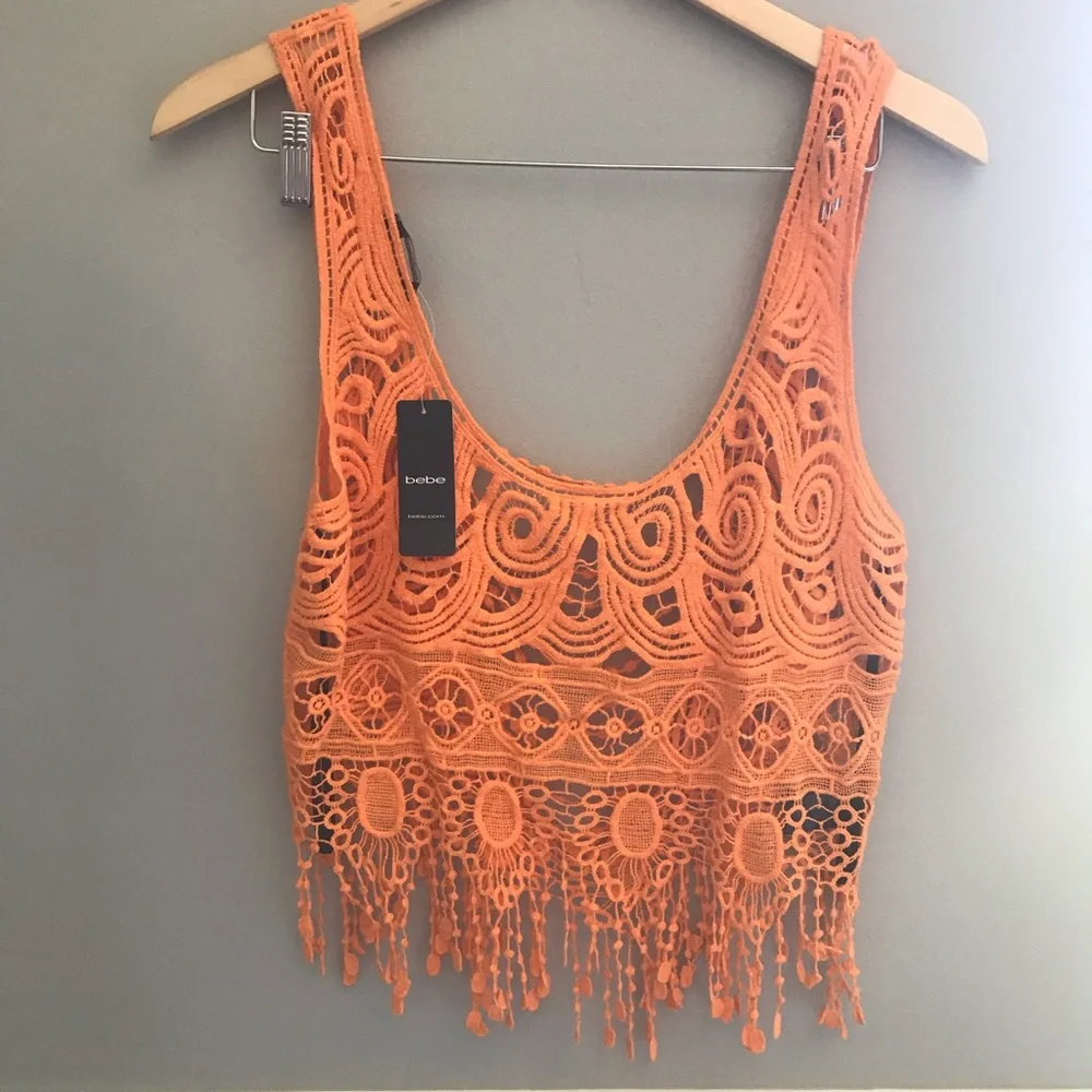 ❌sold❌ bebe NWT orange crochet fringe cropped tank. Bohemian, retro, summer. - Picture 1 of 5
